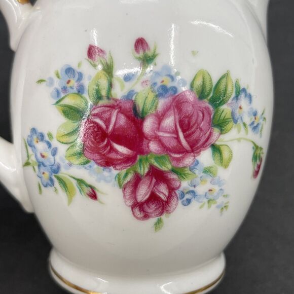 Porcelain Creamer Pink Roses Gold Trim Bone China Japan E Backstamp 4" Vintage - Picture 9 of 11